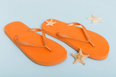 Beach accessories. Flip flops and starfish on colored background. Top view Mock up with copy space.