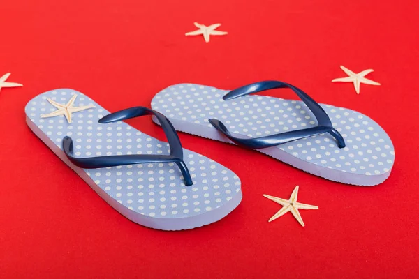 Beach Accessories Flip Flops Starfish Colored Background Top View Mock Royalty Free Stock Photos