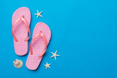 Renkli arka planda parmak arası terlikleri ve deniz kabuğu olan düz bir kompozisyon. Metin üstü görünümü için boşluk.