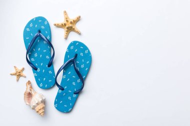 Renkli arka planda parmak arası terlikleri ve deniz kabuğu olan düz bir kompozisyon. Metin üstü görünümü için boşluk.