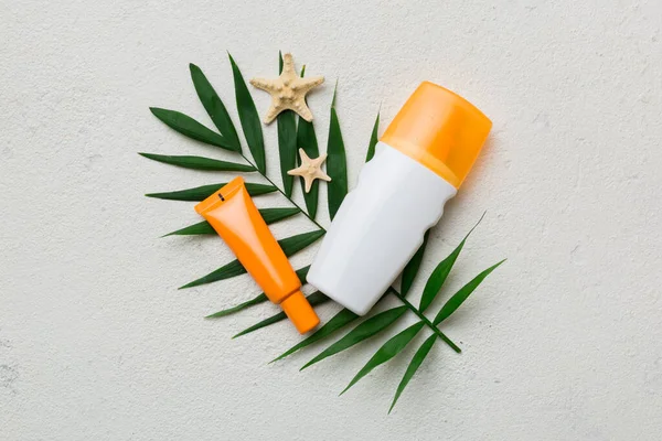 Güneş kremi şişesi. Güneş korumalı krem ve tropik yeşil yapraklı deniz kabukları olan bir şişe..