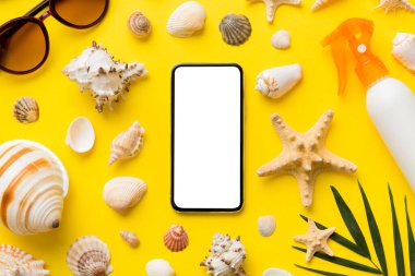 Renkli arka planda telefon ve plaj aksesuarları olan düz kompozisyon. Boş ekran ile akıllı telefon kopyalama alanı ile taklit.