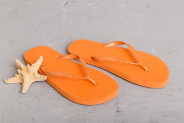 Plaj aksesuarları. Renkli arka planda parmak arası terlik ve denizyıldızı. Üst görünüm Kopyalama alanı ile modelle.