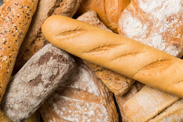 Panes Naturales Caseros Diferentes Tipos Pan Fresco Como Fondo Vista — Foto de Stock