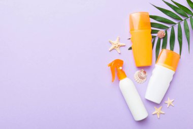 Güneş kremi şişesi. Güneş korumalı krem ve tropik yeşil yapraklı deniz kabukları olan bir şişe..