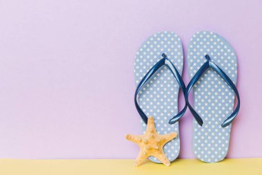 Plaj aksesuarları. Renkli arka planda parmak arası terlik ve denizyıldızı. Kopyalama alanı kullan.