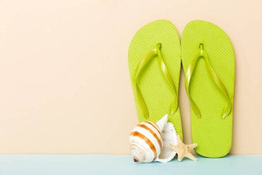 Plaj aksesuarları. Renkli arka planda parmak arası terlik ve denizyıldızı. Kopyalama alanı kullan.