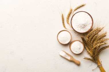 Tahta kasede buğday unu ve renkli arka planda buğday dikenleri. dünya buğday krizi.