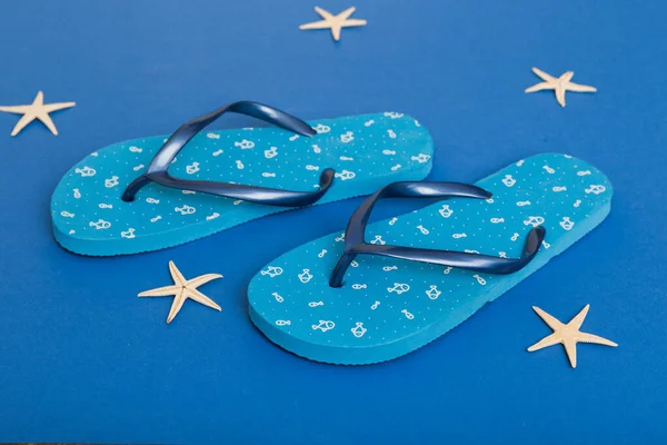 Beach Accessories Flip Flops Starfish Colored Background Top View Mock Stock Photo