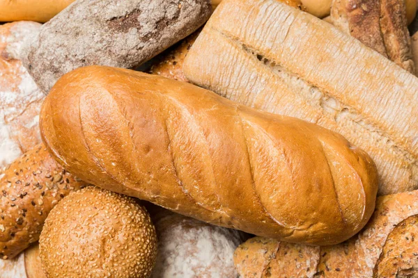 Homemade Natural Breads Different Kinds Fresh Bread Background Top View — Stock Photo, Image