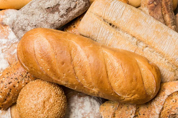 Homemade Natural Breads Different Kinds Fresh Bread Background Top View — Stock Photo, Image