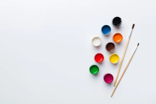 Art Palette Paint Brushes Close Top View Empty Space Workplace — Foto Stock