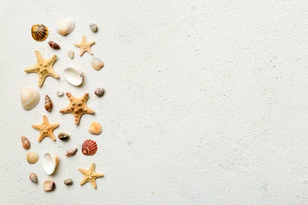 Yaz zamanı konsepti düz kompozisyon ile güzel deniz yıldızları ve deniz kabukları renkli tablo üzerinde yatıyordu, metin için metin alanı ile üst görünüm.