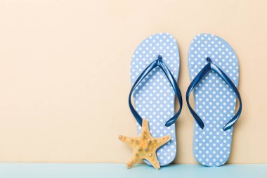 Plaj aksesuarları. Renkli arka planda parmak arası terlik ve denizyıldızı. Kopyalama alanı kullan.