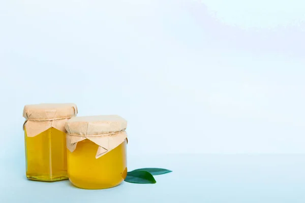 Honey Jar Leaves Honey Dipper Colored Background Top View Copy — Stok Foto