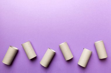 Boş tuvalet kağıdı ruloları ve renk arkaplanı üzerine metin için alanı olan düz bir kompozisyon. Kraft kağıdı veya kartondan yapılmış metal kapaklı geri dönüşümlü kağıt tüp.