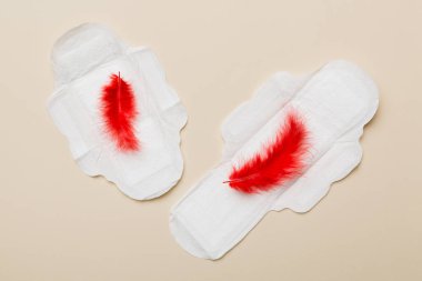 Kadın hijyen ürünleri ya da arka planda kırmızı tüy olan hijyenik ped. Pastel renk. - Yakın çekim. Mesaj için boş bir yer. Kadın günlük hijyeni..