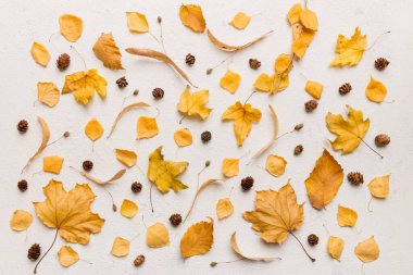 Sonbahar kompozisyonu. Masadaki kurumuş yapraklar ve diğer tasarım aksesuarlarından oluşan desen. Düz yatış, üst görünüm.