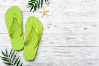 Renkli arka planda parmak arası terlikleri ve deniz kabuğu olan düz bir kompozisyon. Metin üstü görünümü için boşluk.