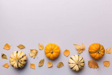 Sonbahar kompozisyonu. Masadaki kurumuş yapraklar ve diğer tasarım aksesuarlarından oluşan desen. Düz yatış, üst görünüm.