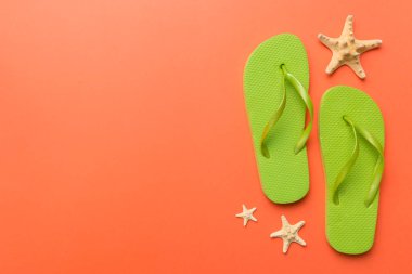 Renkli arka planda parmak arası terlikleri ve deniz kabuğu olan düz bir kompozisyon. Metin üstü görünümü için boşluk.