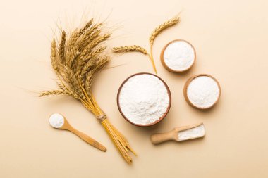 Tahta kasede buğday unu ve renkli arka planda buğday dikenleri. dünya buğday krizi.