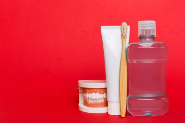Ağız gargarası ve diğer ağız temizliği ürünleri renkli masa üstünde fotokopi alanı olan ürünler. Düz yatıyordu. Diş hijyeni. Ağız bakım kiti. Dişçi konsepti.