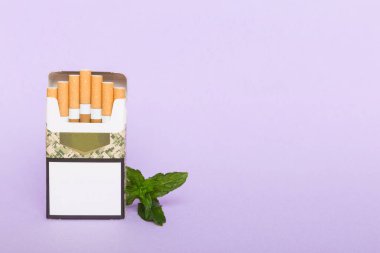 Bir paket mentollü sigara ve renkli masada taze nane şekeri, mentollü sigaralar düz yerde yatıyordu..