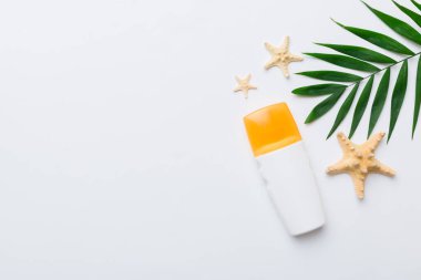 Güneş kremi şişesi. Güneş korumalı krem ve tropik yeşil yapraklı deniz kabukları olan bir şişe..