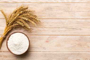 Tahta kasede buğday unu ve renkli arka planda buğday dikenleri. dünya buğday krizi.