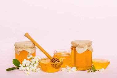 robinia honey bollte with acacacia flomes on color table.