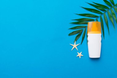 Güneş kremi şişesi. Güneş korumalı krem ve tropik yeşil yapraklı deniz kabukları olan bir şişe..