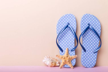 Plaj aksesuarları. Renkli arka planda parmak arası terlik ve denizyıldızı. Kopyalama alanı kullan.