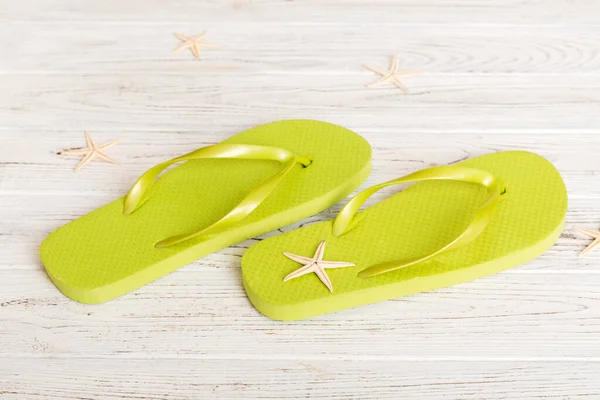 Beach Accessories Flip Flops Starfish Colored Background Top View Mock — Stockfoto