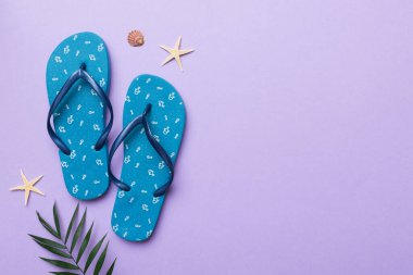 Renkli arka planda parmak arası terlikleri ve deniz kabuğu olan düz bir kompozisyon. Metin üstü görünümü için boşluk.