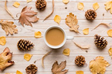 Sonbahar yapraklı bir fincan kakao soyut natürmort yaşam üst görünüm kopyalama alanı.