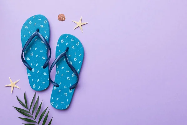 Flat Lay Composition Flip Flops Seashell Colored Background Space Text — Stock Photo, Image