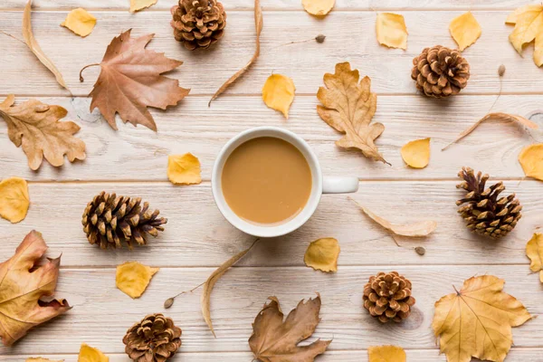 Sonbahar yapraklı bir fincan kakao soyut natürmort yaşam üst görünüm kopyalama alanı.