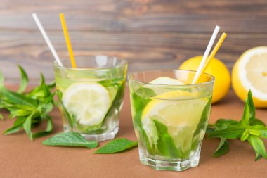 Mojito yaz serinletici buzlu ve naneli kokteyl. Limonlu, limonlu ve naneli mojito kokteyli..