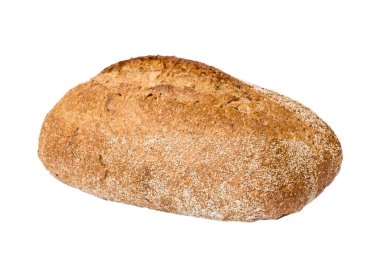 Ekmek üstü görünümü kesildi. Beyaz arka planda taze yemlenmiş ekmek. Taze organik somun..