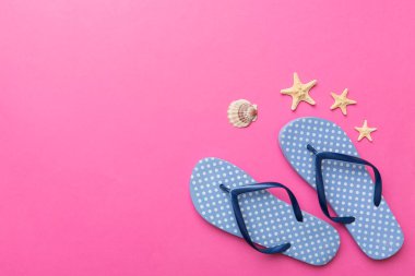 Renkli arka planda parmak arası terlikleri ve deniz kabuğu olan düz bir kompozisyon. Metin üstü görünümü için boşluk.