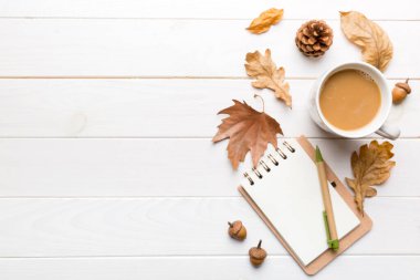 Sonbahar yapraklı bir fincan kakao soyut natürmort yaşam üst görünüm kopyalama alanı.