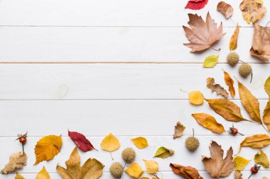 Sonbahar kompozisyonu. Masadaki kurumuş yapraklar ve diğer tasarım aksesuarlarından oluşan desen. Düz yatış, üst görünüm.