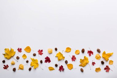 Sonbahar kompozisyonu. Masadaki kurumuş yapraklar ve diğer tasarım aksesuarlarından oluşan desen. Düz yatış, üst görünüm.