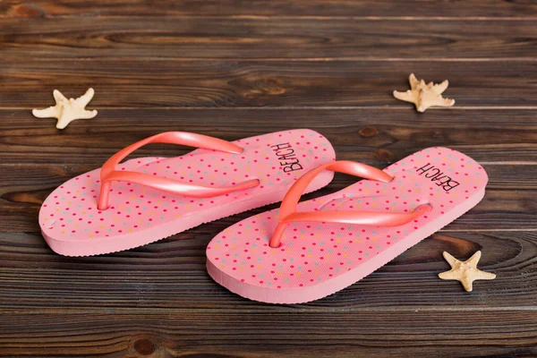 Beach Accessories Flip Flops Starfish Colored Background Top View Mock — Foto Stock