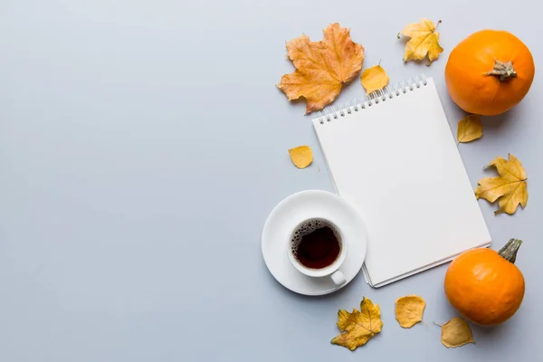 Autumn composition: fallen leaves and notebook mock up on colored background. Top view. Flat lay with copy space.