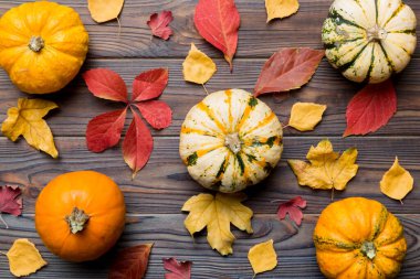 Sonbahar kompozisyonu. Masadaki kurumuş yapraklar ve diğer tasarım aksesuarlarından oluşan desen. Düz yatış, üst görünüm.