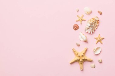 Yaz zamanı konsepti düz kompozisyon ile güzel deniz yıldızları ve deniz kabukları renkli tablo üzerinde yatıyordu, metin için metin alanı ile üst görünüm.