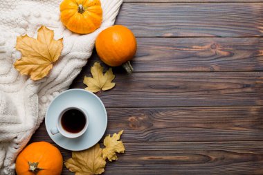 Renkli sonbahar kahve fincanı ve renkli yapraklarla bezenmiş düz bir kompozisyon. en üstteki görünüm.