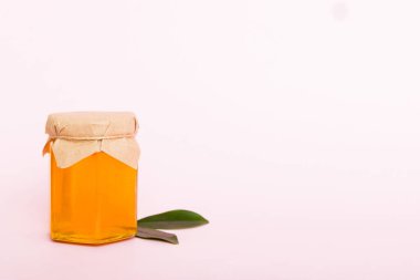 Renkli arkaplan görünümünde yapraklı bal ve bal kaplamalı bal metin ile üst görünüm.